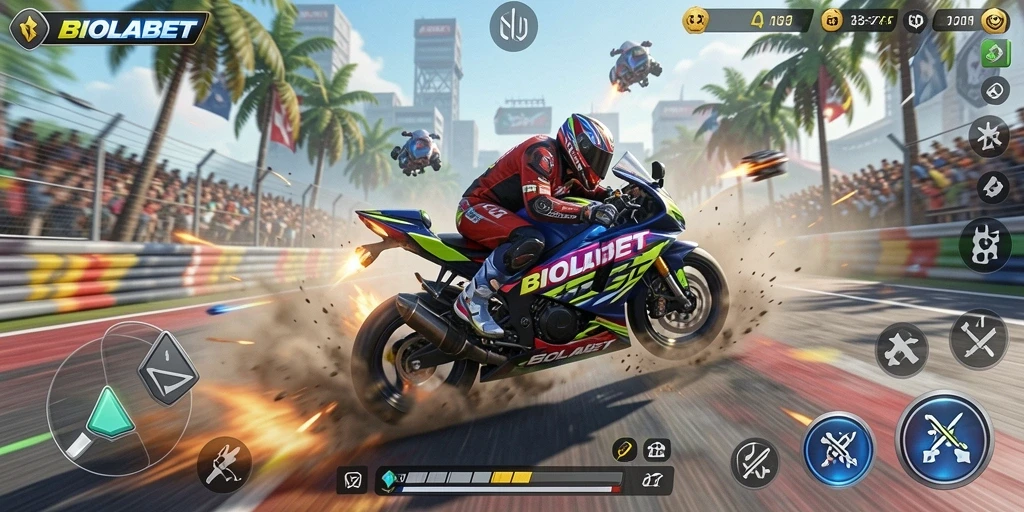 Tampilan gameplay <strong>BIOLABET</strong> yang mendebarkan dalam perlombaan motor.