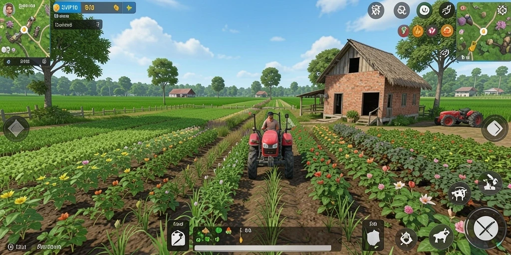 Screenshot gameplay SVIP10 yang menggambarkan suasana pertanian yang menenangkan.